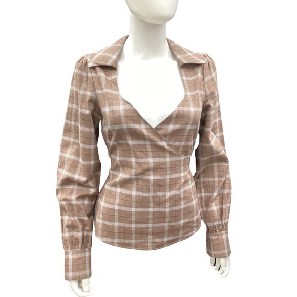 NWT Marissa Webb Women’s Top SZ XS Flannel V-Neck Collar Belt Plaid Brown Gray - Picture 1 of 6
